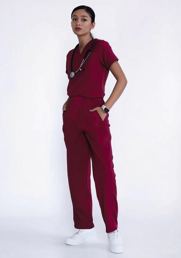 MAROON-W1.jpg Classic Women's V-Neck (Maroon) Scrub - Image 1